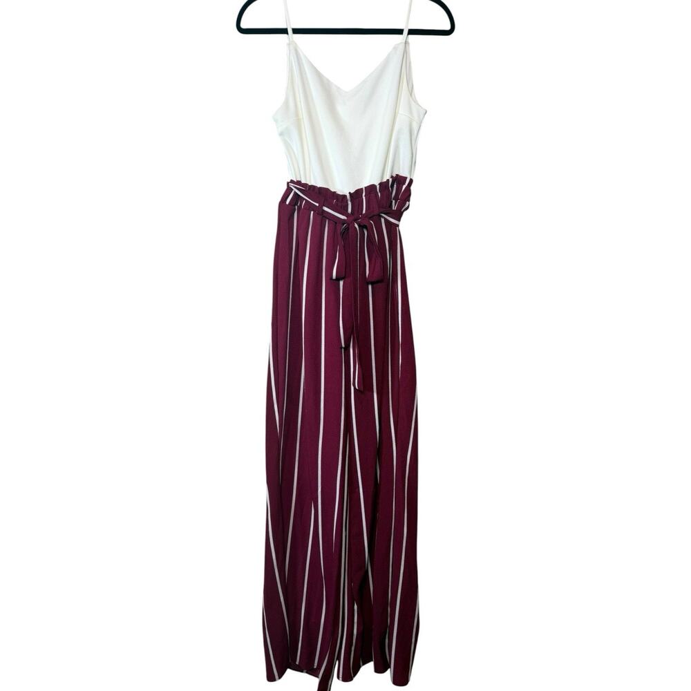 Francescas Striped Sleeveless Wide-Leg Belted Jumpsuit White Burgundy Size M